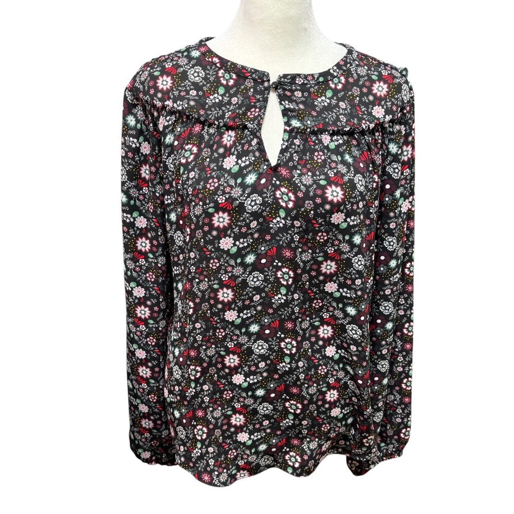 LOFT Floral Keyhole Blouse Black Ruffle Long Sleeve Top #968